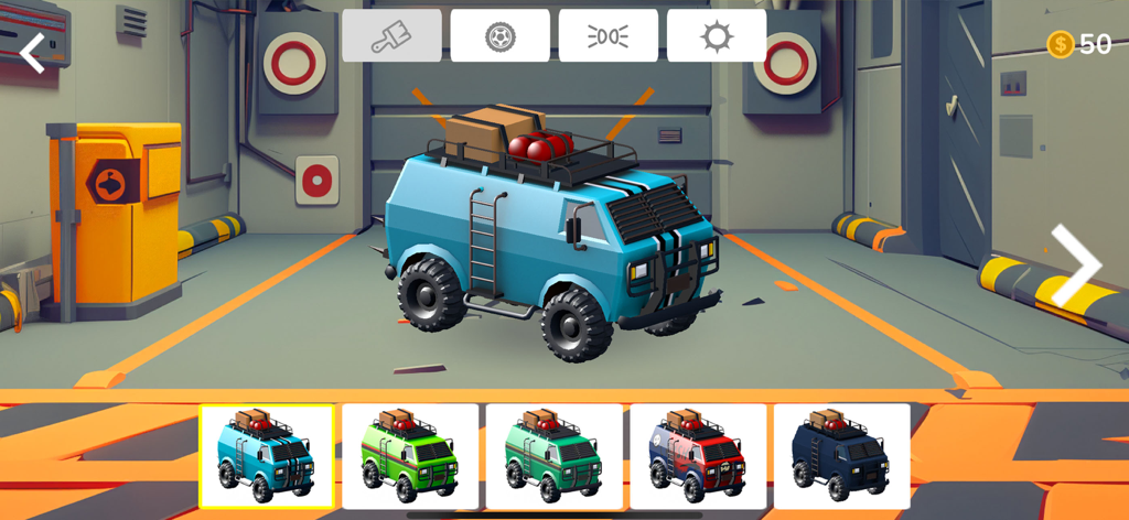 A blue van truck in a garage workshop with color and wheel customization options for kids.