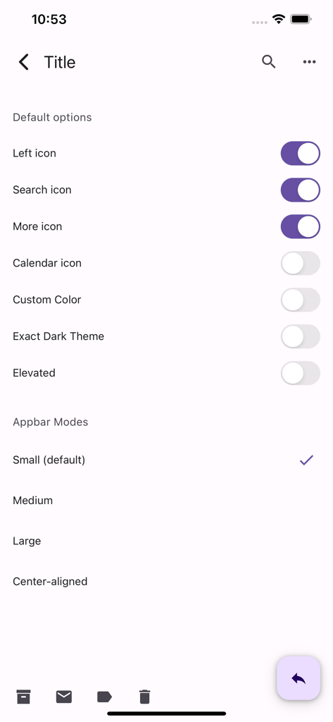 React Native Paper - Screenshot of the React Native Paper app demonstrating Appbar component settings and modes.