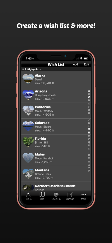 Summit Seeker - A screenshot of the Summit Seeker app showing a wish list of U.S. high points like Denali and Mount Whitney with heart shaped peak icons.