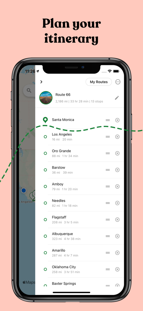 Roadie: Road Trip Planner & RV - A list of road trip stops for Route 66 in the Roadie itinerary planner app showing distances and driving times