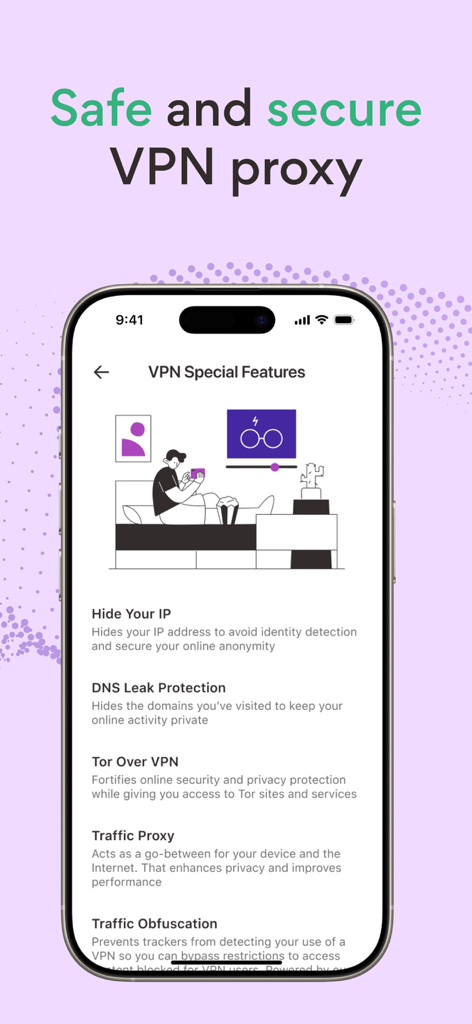 Captura de pantalla de la aplicación VPN 360 mostrando características especiales como Ocultar tu IP y Protección contra Fugas de DNS para seguridad en línea
