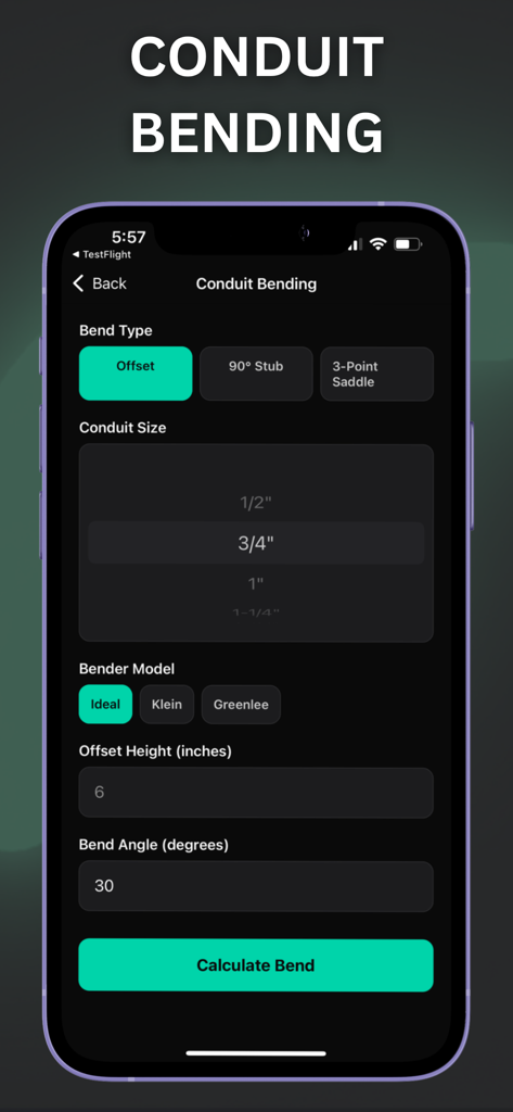 Oberfläche des Leitungsbiegerechners in der Elektriker-Werkzeuge App mit Einstellungen für Biegungstyp und Leitungsgröße
