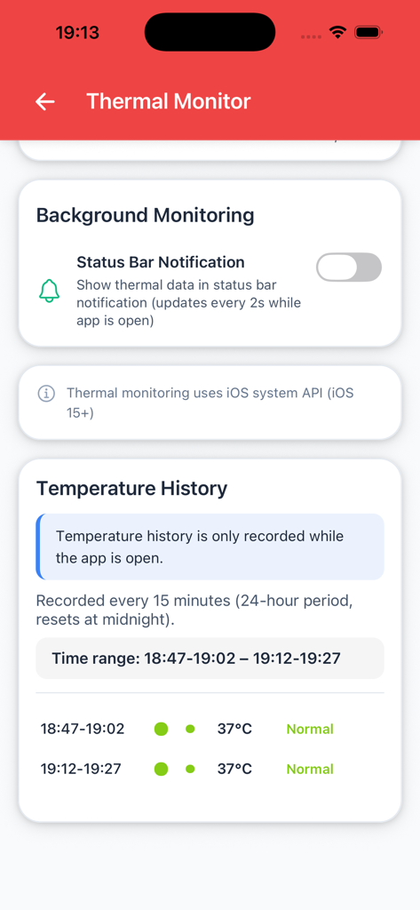 Phone Temperature - iPhone app screen showing temperature history logs and background thermal monitoring settings
