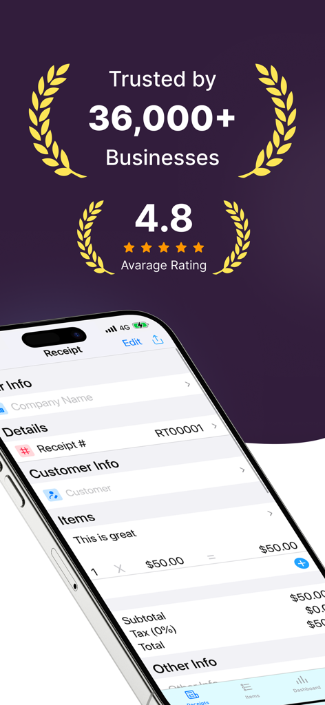 e-Receipt Maker app showing 4.8 star rating and receipt generation screen on iPhone