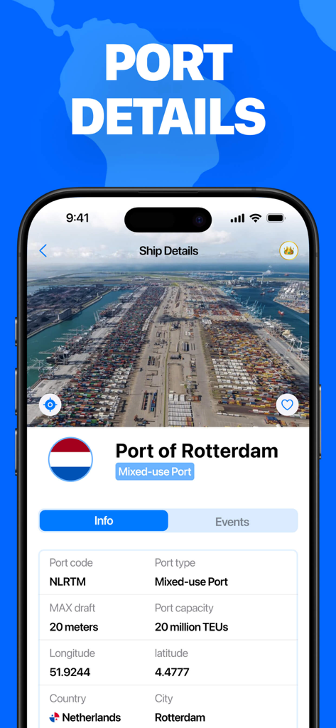 항구 코드, 용량 및 좌표를 포함한 로테르담 항구에 대한 상세 정보를 보여주는 모바일 앱 화면.