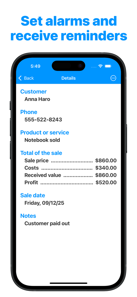 Simple Sales Management - Einfache Verkaufsverwaltung-App-Bildschirm, der Verkaufsdetails, Gewinn- und Kosteninformationen zeigt