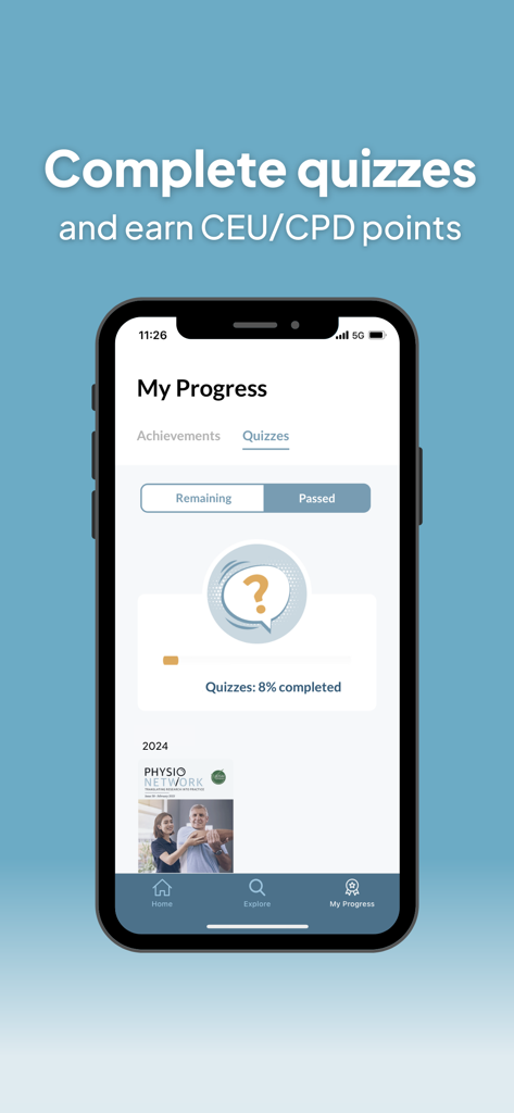 Physio Network - Pantalla de la aplicación Physio Network que muestra el progreso del cuestionario para obtener puntos CEU y CPD