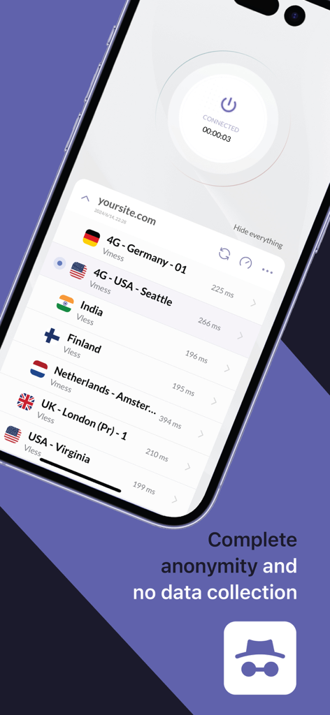 L'interface de l'application Happ Proxy Utility montrant une liste d'emplacements de serveurs proxy et un chronomètre de connexion.