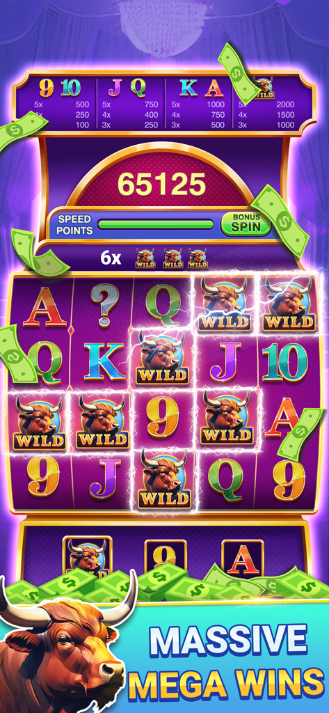 Real Slots: Win Real Money - Gameplay screenshot of Real Slots app showing a massive mega win with bull symbols and falling cash