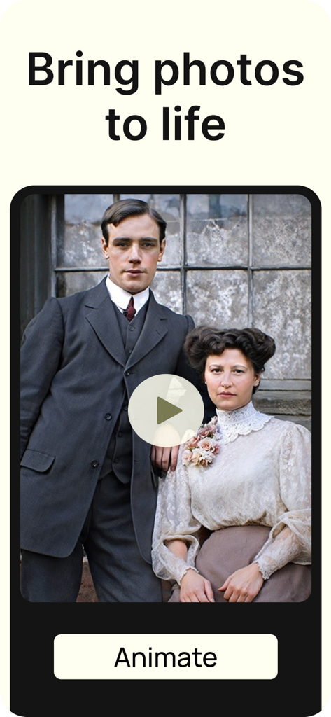 Screenshot of the Renew app interface showing an option to animate an old photo of a historical couple