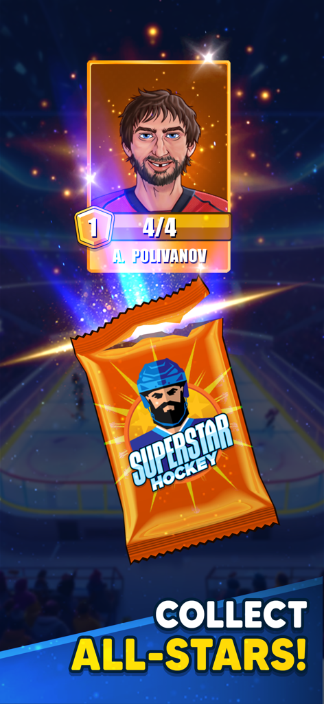 Superstar Hockey game screen showing a digital card pack opening to reveal an all-star player card