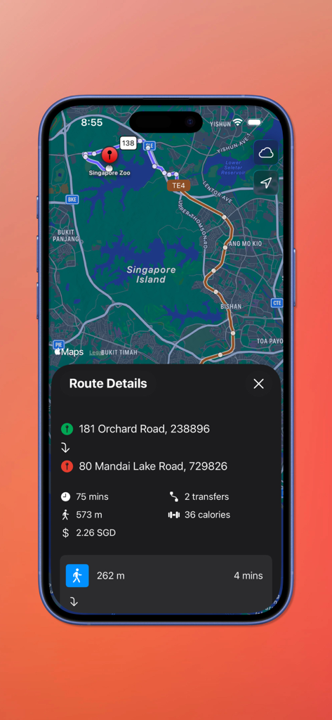 Arriving: SG Bus Timing - Smartphone screen showing the route details and map of a bus journey in Singapore including travel time and cost.
