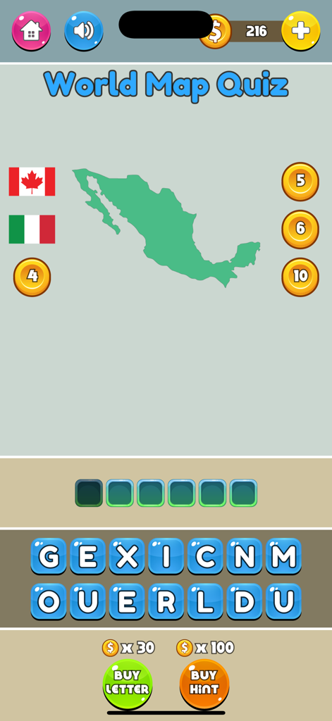 Gameplay screenshot of World Map Quiz 2025 showing the outline of Mexico and letter tiles to spell the country name