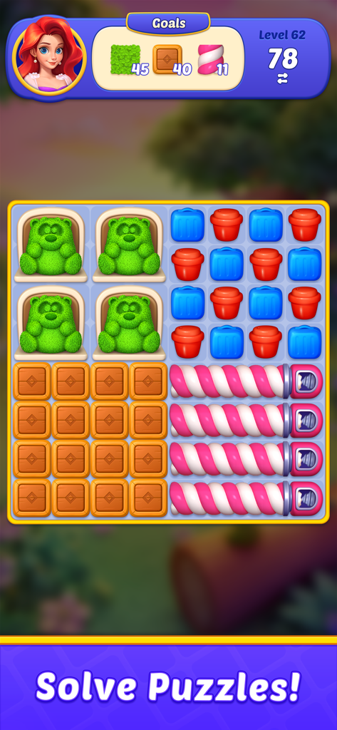 Home Match - Garden & Design - Nivel de puzle de match 3 colorido con ositos de goma verdes y objetivos de diseño