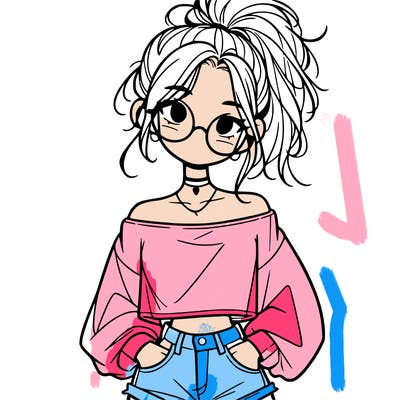girl with a messy ponytail glasses a baggy crop top and jean shorts