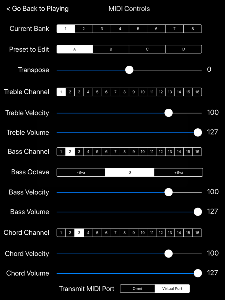 Hohner Chromatic MIDI - Pantalla de configuración de control MIDI para la aplicación Hohner Chromatic MIDI mostrando parámetros de agudos, bajos y acordes