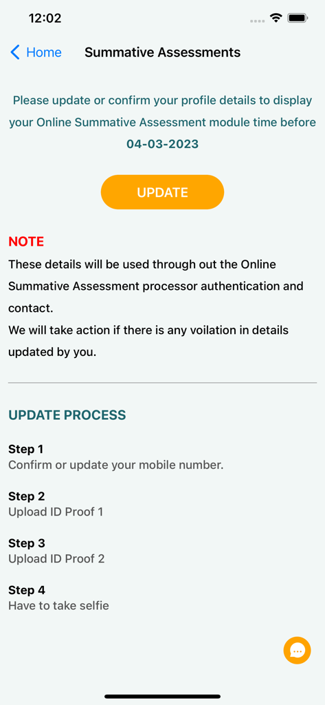 MANCOSA Student Comms - MANCOSA student app screen showing the profile update process for summative assessments including ID verification steps