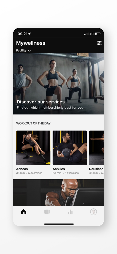 Interfaccia dell'app Mywellness che mostra l'allenamento del giorno e i programmi di fitness