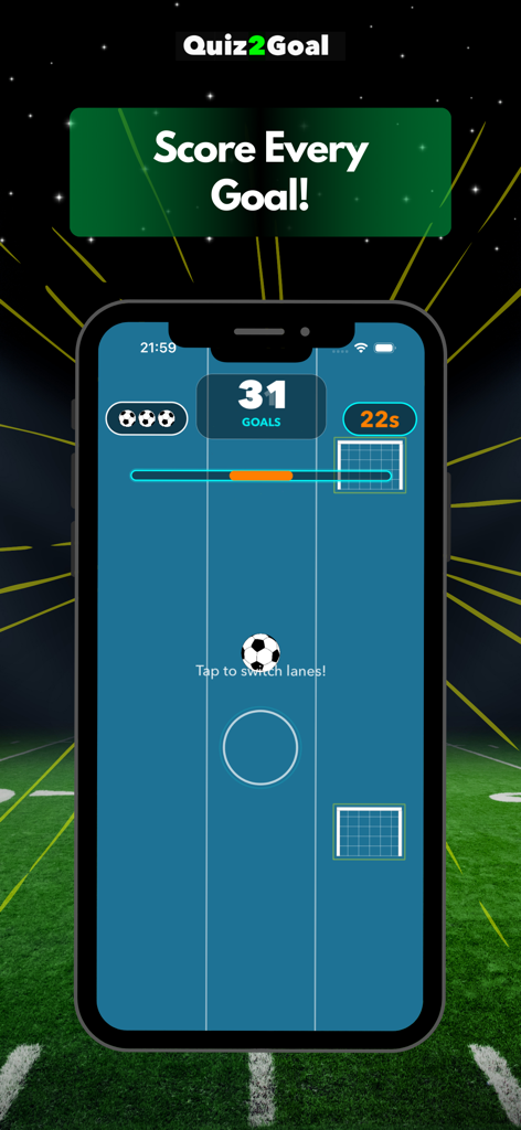 Quiz2Goal - Football Game - Mobile gameplay of Quiz2Goal showing a soccer ball moving through lanes to score goals.