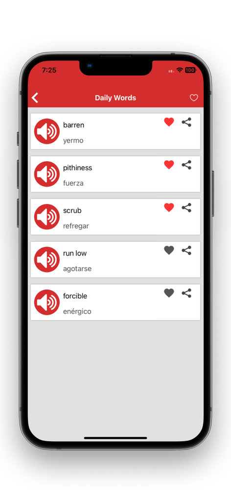 Spanish English Translators - Daily vocabulary screen in the Spanish English Translators app showing a list of translated words with audio and favorite options
