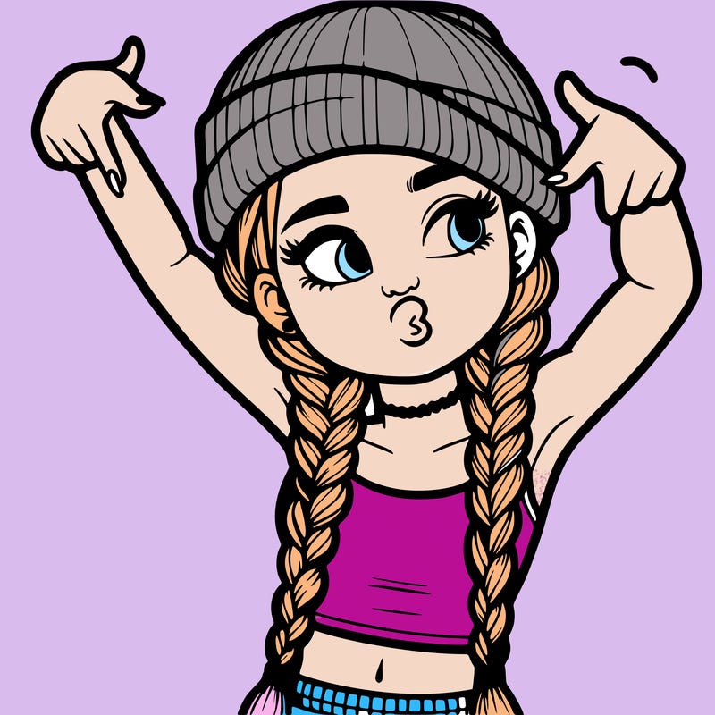realistic teenage girl with braids and a beanie and crop top doing 🫶🏼