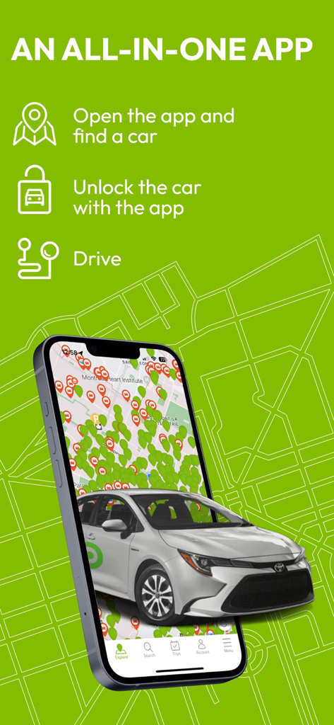 Interface de l'application mobile Communauto montrant une carte des voitures disponibles et les étapes pour trouver, déverrouiller et conduire