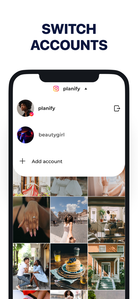 Oberfläche, die die Konto-Umschaltfunktion zur Verwaltung mehrerer Instagram-Profile in der Feed Preview-App zeigt