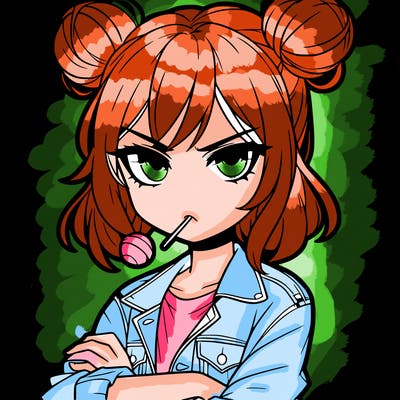 an anime girl with pigtails buns that are loose and free, she is wearing a jean jacket with her arms crossed. she has a lollipop in her mouth with her eyes narrowed. she looks very cool and daring