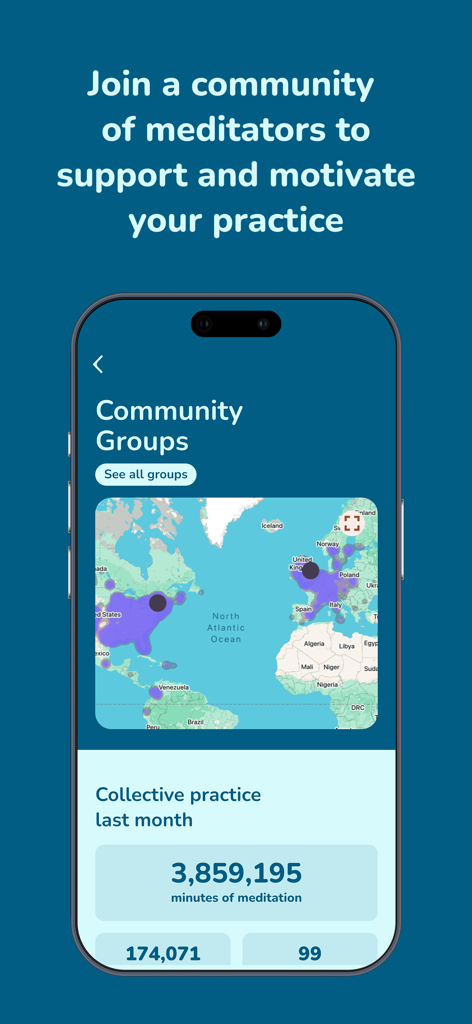 World map of meditation community groups and collective practice hours