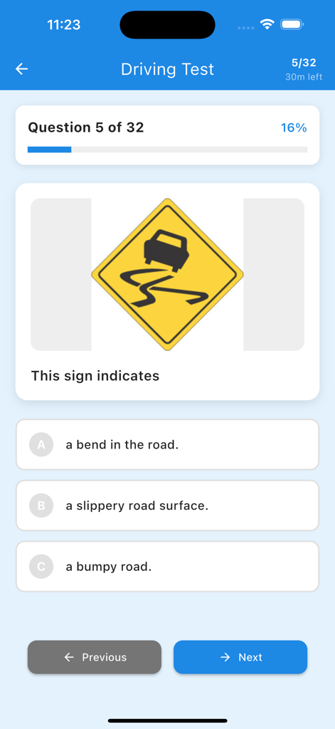 L License VIC - 滑りやすい路面標識の問題を表示する運転テスト練習画面