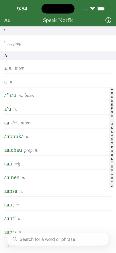 Alphabetical list of words and definitions in the Speak Norf'k dictionary app interface
