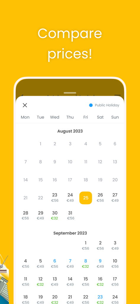 Ubfly - Cheap Flights - Visualização de calendário mensal no aplicativo Ubfly mostrando preços de voos para diferentes datas para comparar e encontrar as melhores ofertas.