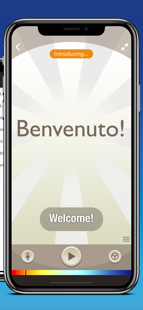 Italian by Nemo - Italian by Nemo app interface showing the word Benvenuto and its translation Welcome