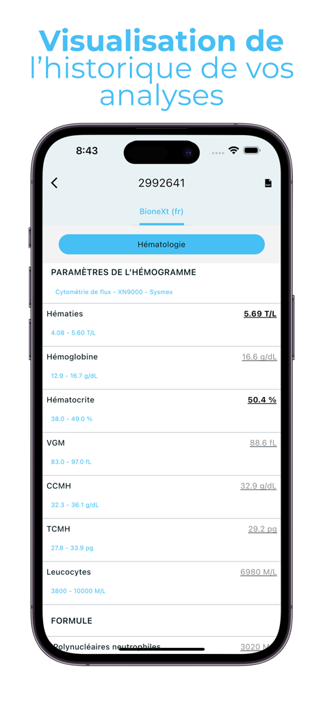 Ecrã de smartphone exibindo resultados laboratoriais de hematologia na aplicação MYLAB