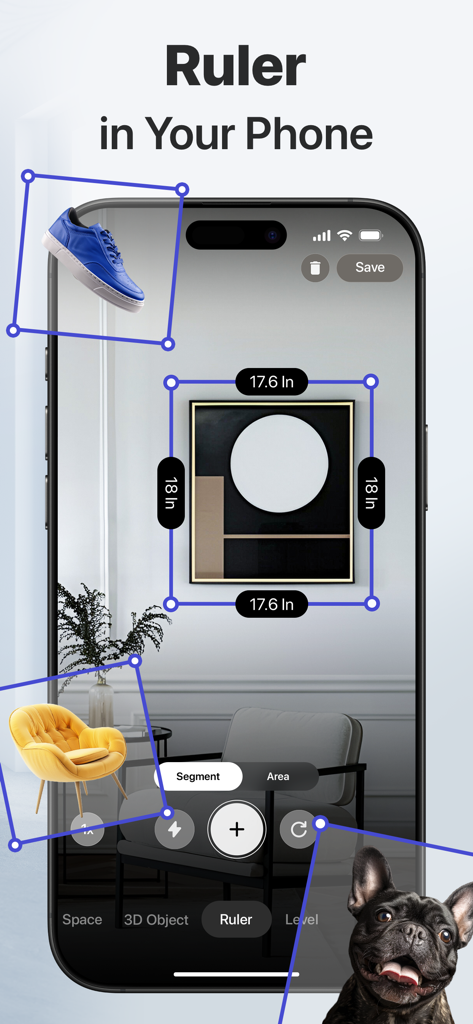 3D Snap: LiDAR Scanner & Ruler - 벽에 걸린 액자의 크기를 측정하는 AR 자를 사용하는 3D Snap 앱을 보여주는 iPhone 화면