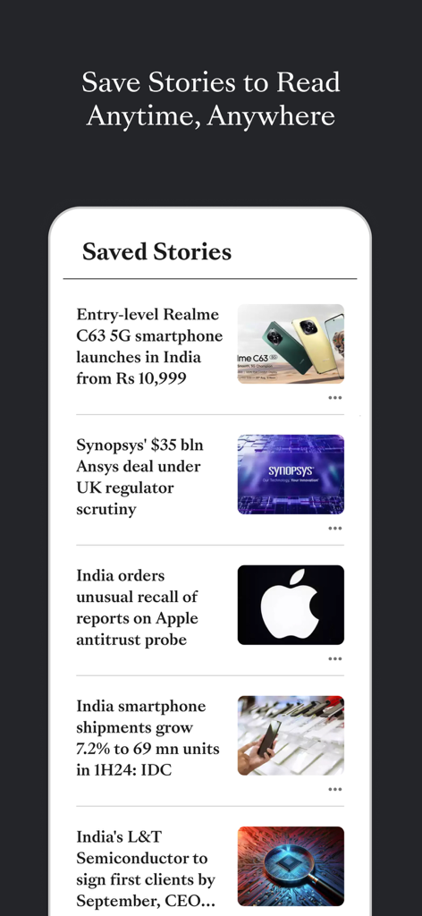 Interfaz de la aplicación ETTelecom que muestra una lista de noticias guardadas de la industria de las telecomunicaciones.
