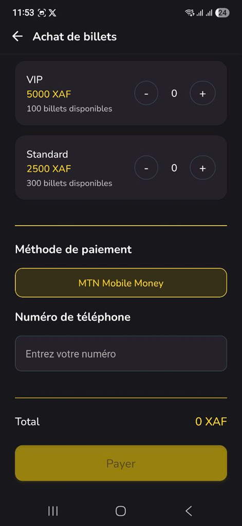 Rhodium - Rhodium app screen for purchasing VIP and Standard tickets with MTN Mobile Money payment option