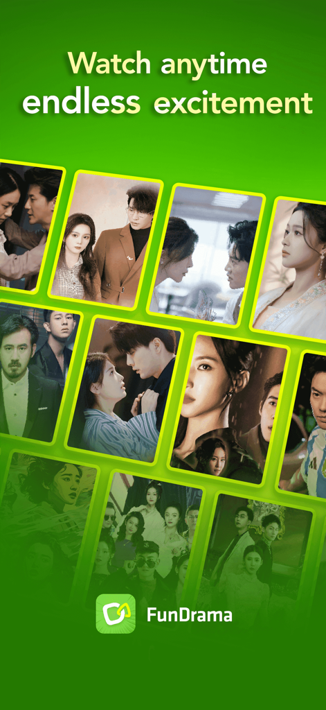 FunDrama - Funflip - Un collage de miniaturas de dramas cortos de la aplicación FunDrama con el titular Mira en cualquier momento emoción sin fin.
