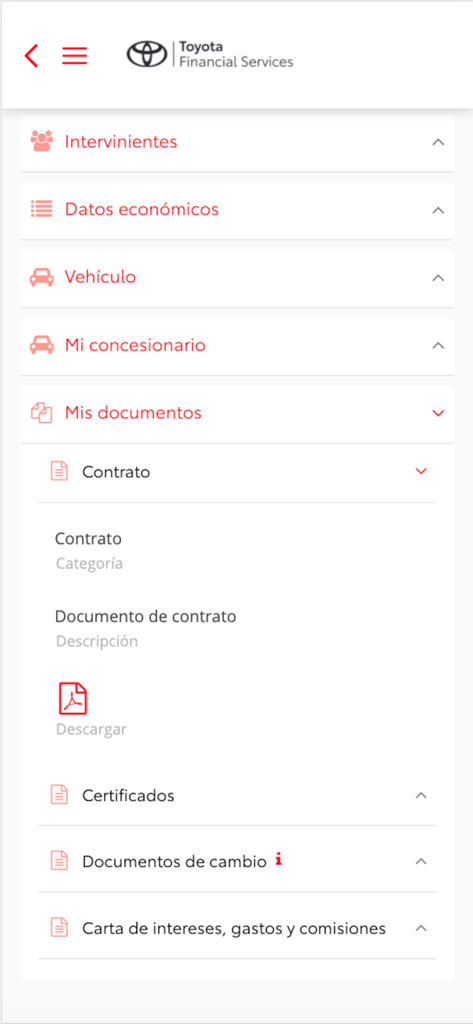 Mi Banco Toyota - Interfaz de la aplicación móvil Mi Banco Toyota que muestra una lista de categorías de documentos y detalles financieros en español