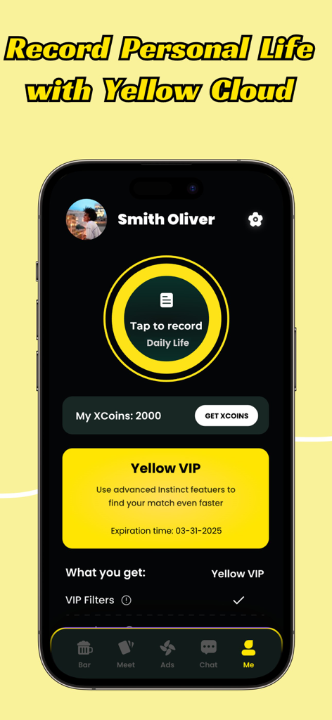 Interracial Dating - Yellow - Captura de tela da tela de perfil do aplicativo Yellow Interracial Dating mostrando informações do usuário e status de membro VIP.