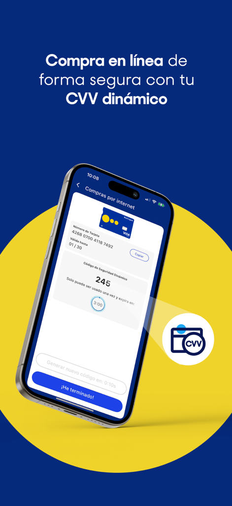 BanCoppel mobile app screen showing a dynamic CVV for secure online shopping