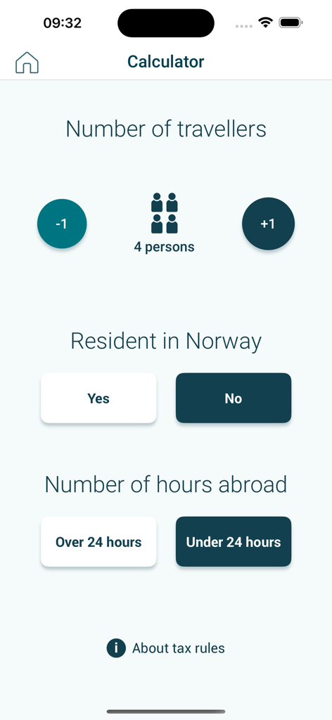 KvoteAppen - KvoteAppen calculator screen for travelers to Norway showing options for traveler count and residency