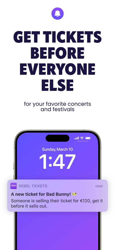Rebel - Buy and Sell Tickets - iPhone lock screen showing a Rebel Tickets app notification for a Bad Bunny concert ticket sale