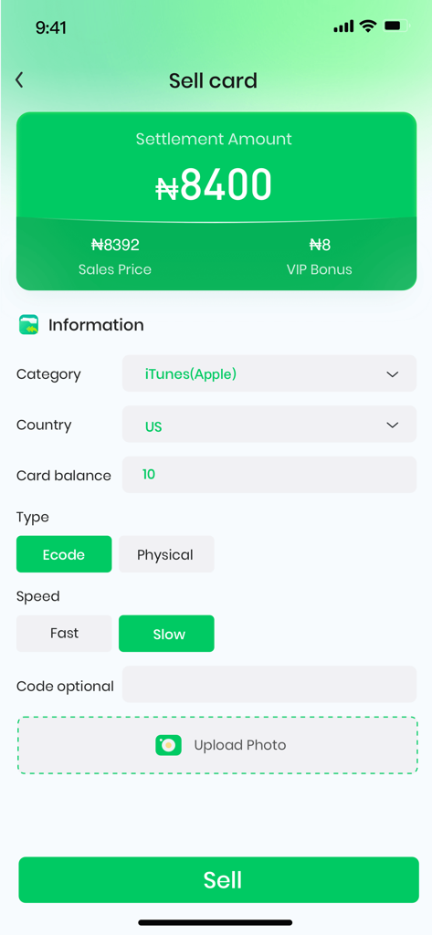 CardBrother app screen for selling a US iTunes gift card with settlement price details