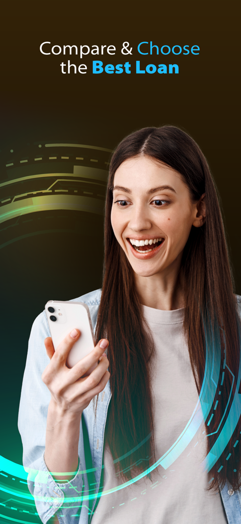 Flash Préstamos - Una joven sonriente usando su smartphone para comparar y elegir el mejor préstamo con la aplicación Préstamos Flash.