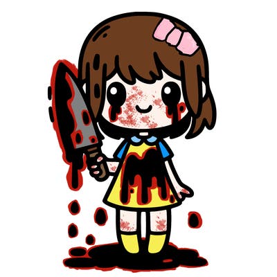 realistic girl holding a knife and covered in blood
