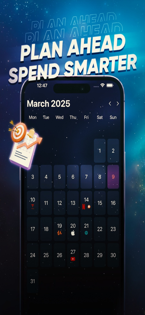 Rocket - Subscription Tracker - Rocket Subscription Tracker app interface showing a monthly calendar with scheduled renewal dates for various digital services
