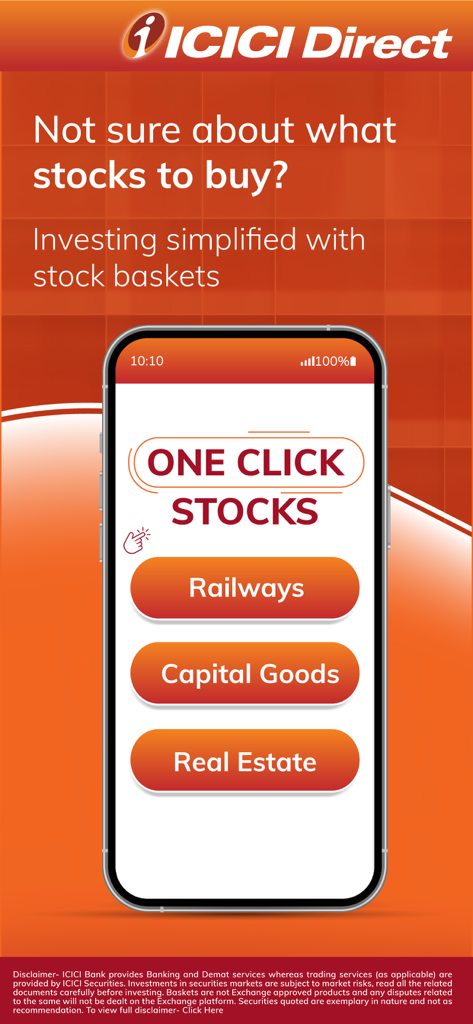 ICICI Direct app screenshot showing one click stock baskets for railways capital goods and real estate sectors