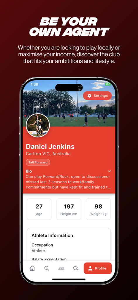 Página de perfil de atleta do aplicativo móvel Trainstop apresentando estatísticas do jogador e informações de recrutamento