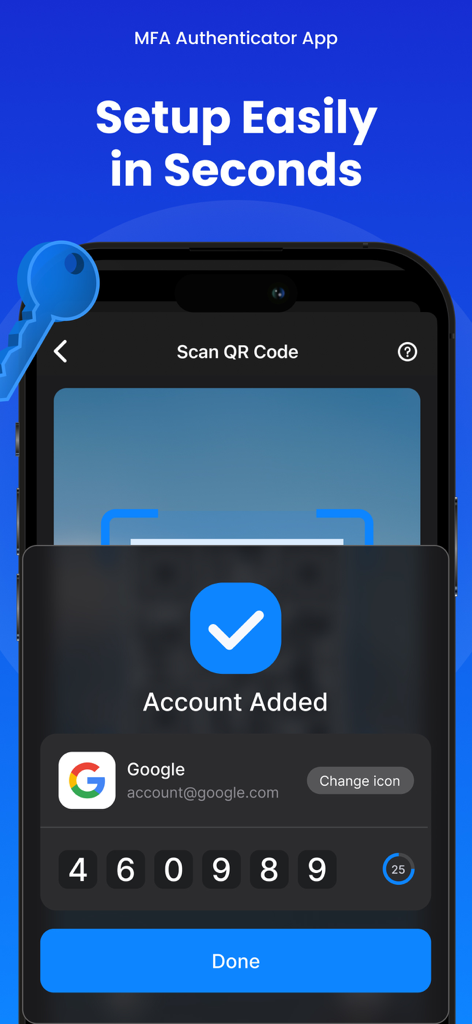 MFA-2FA Authenticator,OTP,Auth - Interfaz de la app MFA Authenticator mostrando una cuenta de Google añadida con éxito con un código de verificación 2FA.